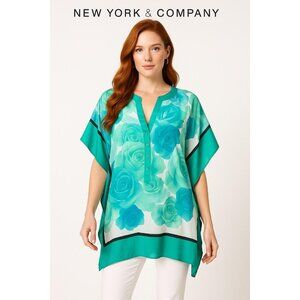 ☀️Sale New York & Company Caftan Top Size Large Floral Grace In Teal